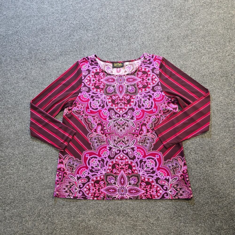 Bob Mackie Top Women Size Large Pink Floral Stretch Art Artsy Long Sleeve Casual